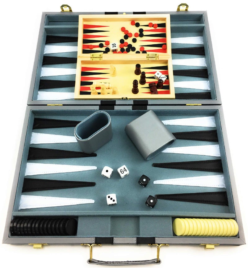 Matty's Toy Stop Deluxe 15" Backgammon Briefcase (Vinyl Gray Attache) with 3-in-1 Chess, Checkers & Backgammon Wooden Travel Games Set (8") - Image 4